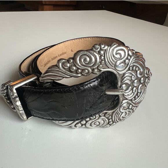 Vintage Black Leather Belt, Silver Etched, 90s 80s, Retro Boho, Western Belts